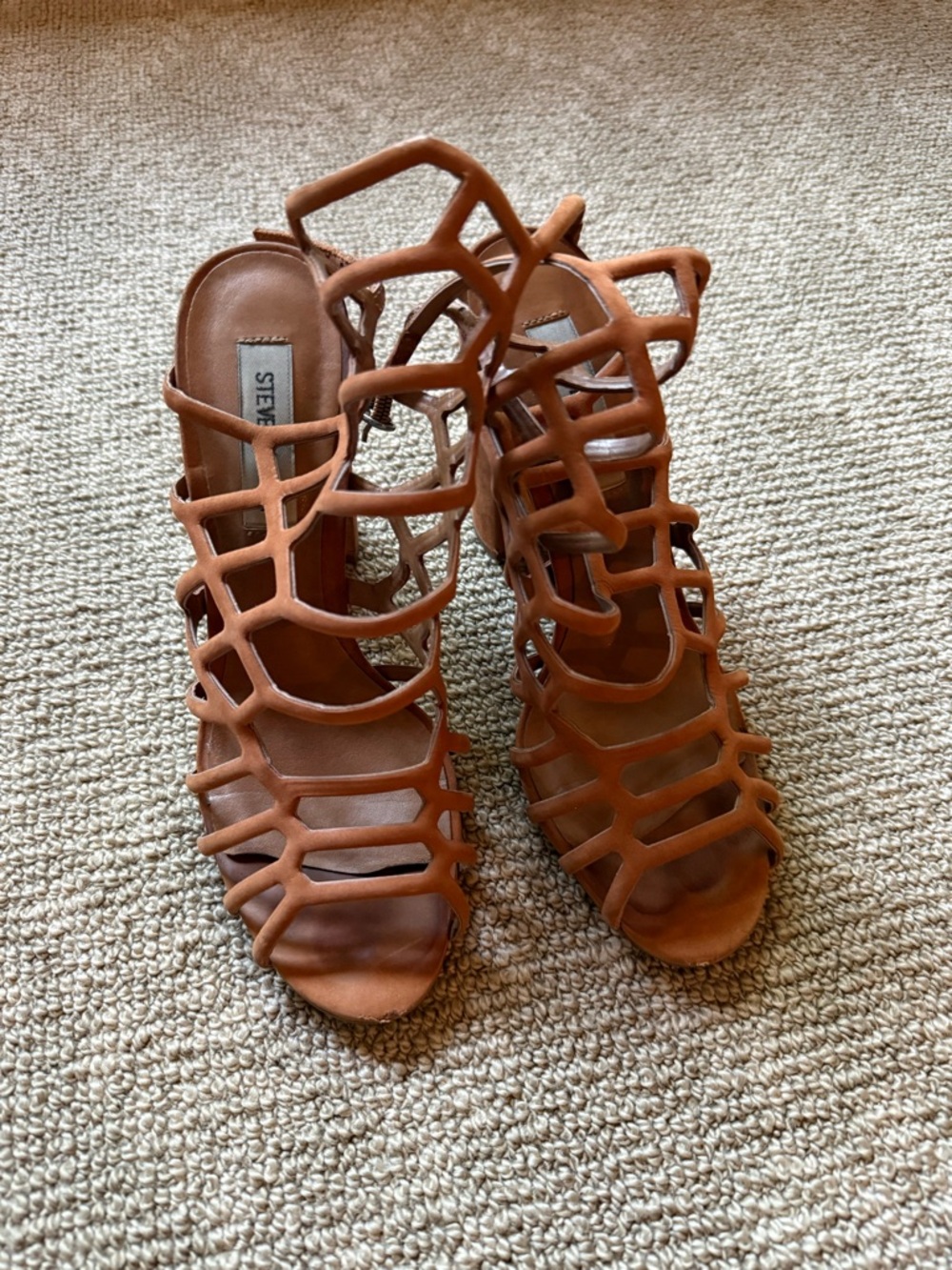 Steve Madden Ribbed Cage-Strap Heels in Tan